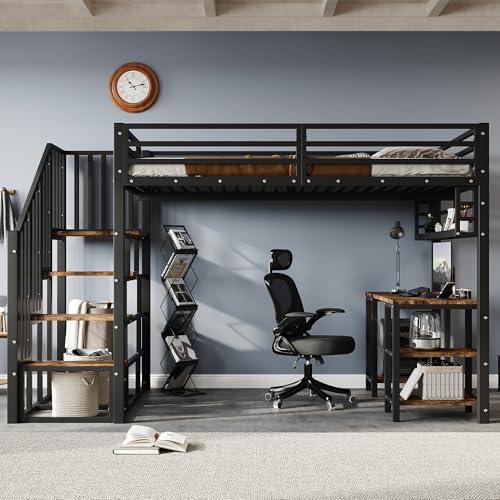 Merax Hochbett 120x200 cm aus Metall – Jugendbett mit Treppe, Schreibtisch & Regal – Stabiler Handlauf – Ohne Matratze