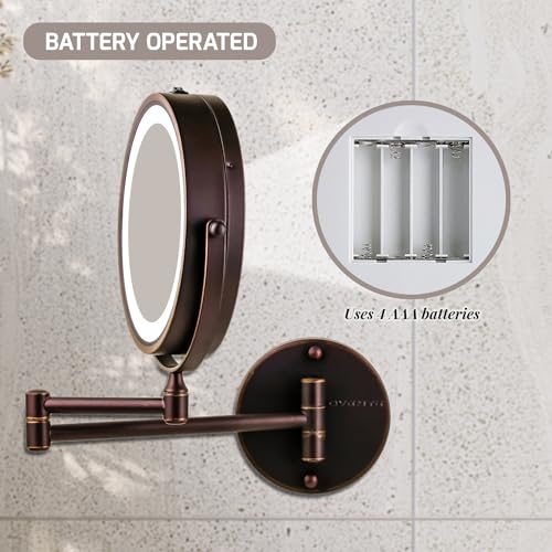 Image of OVENTE 7 inch Wall Mounted Lighted Makeup Mirror, Antique Bronze MFW70ABZ1X10X | Cordless Double Sided 1X /10X Magnifying Mirror for Bathroom with LED Lights, 360 Rotation, Extendable Arm, Battery Operated