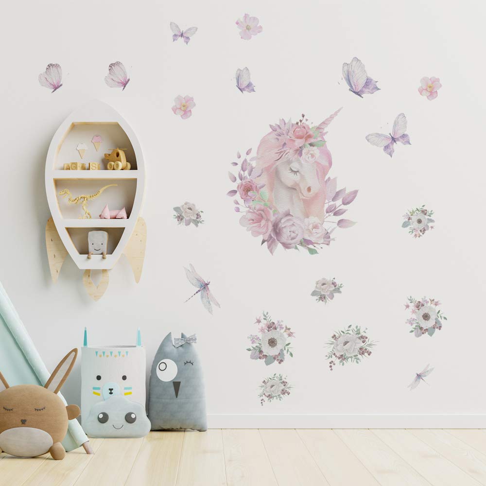 Alwayspon Kids/Girls Room Cute Unicorn Flower Butterfly Wall Sticker, Removable Watercolor Wall Decals, Peel and Stick Wall Art Murals for Home Nursery Decoration Living Room Decor