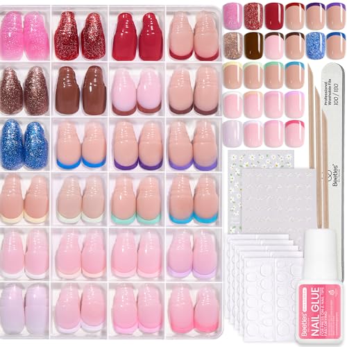 Beetles Press On Nails Kit - Candy Mix | 720Pcs 24 Colors Short Square Press On Nails | 15 Sizes French Glossy Glitter With Nail Glue & Nail Tabs Stickers, Fake Nails Kit Art For Women