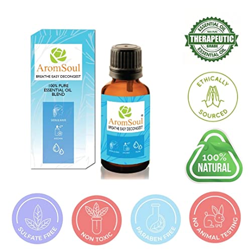 Image of Natural and Pure Breathe Easy Decongest Essential Oil Blend 30 ML for Sinus, Congestion Relief | Peppermint, Eucalyptus, Tea tree, Lemon, Laurel Leaf, Cardamom Oil (Blue)