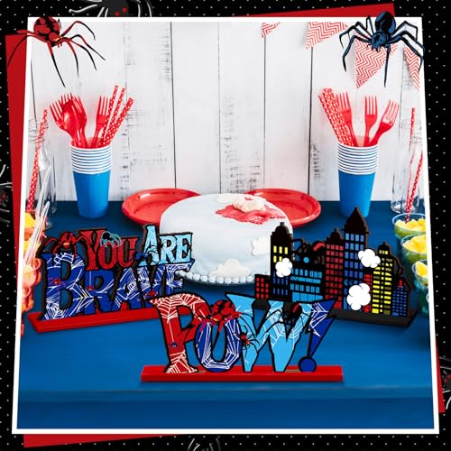 Image of Yuntau 12 Pcs Spider Bithday Party Decoraions Spider Wooden Table Decorations Red and Blue Pattem Design Happy Birthday Table Centerpiece Sign for Boy Cartoon Party Supplies