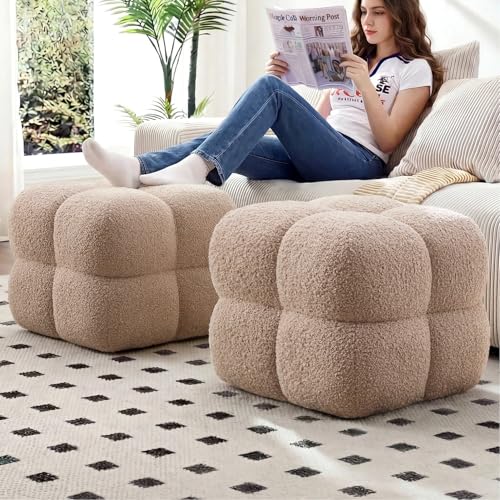 Image of Zesthouse Square Pouf Ottoman Set of 2, Modern Backless Vanity Chair for Bedroom, Tan Fuzzy Foot Rest for Couch, Upholstered Tufted Footstool, Sherpa Fabric Ottoman Coffee Table for Living Room