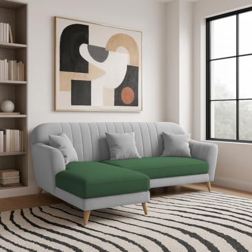 Image of Atticus LHS 4 Seater L Shape Sofa Set with Ottoman for Living Room (Green Grey Fabric) Premium Fabric Sofa Set