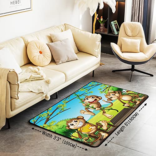 Homemissing Monkey Area Rug Cartoon Animal Pattern Rugs for Living Room Bedroom Cute Monkey Print Botanical Branches Green Brown Decorative Rug 100 * 150cm - Image 3