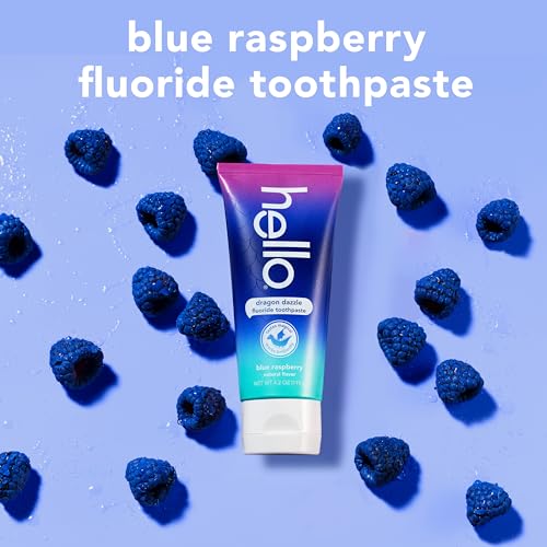 Image of Hello Dragon Dazzle Blue Raspberry Kids Toothpaste, Fluoride Toothpaste, Ages 2+, No Artificial Sweeteners, No SLS, Gluten Free, Vegan, Pack of 12, 4.2 OZ Tubes