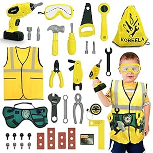 Kobeela Kids Tool Set, 44 Pcs Childrens Tool Kit with Toy Tool Belt, Electric Toy Drill and Construction Worker Costume, Toddler Role Play Tools Toys Gifts for 3 4 5 6 Year Old Boys Girls