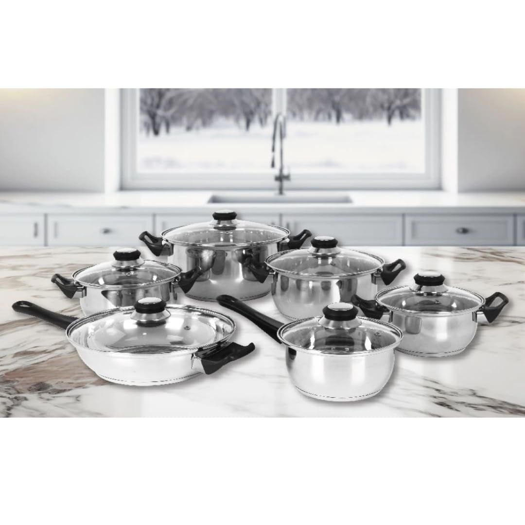 PARENCE.- Set di pentole in acciaio inox da 12 pezzi | Pentole, padelle, coperchi in vetro | Tutti i bruciatori, compresa l'induzione - Set completo di padella e padella - Materiali di alta qualità