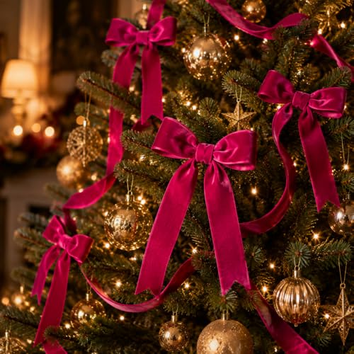 Image of Tsorode 10 Yards Hot Pink Velvet Ribbon for Christmas Tree,1 Inch