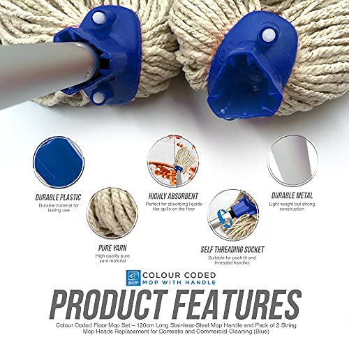 Colour Coded Floor Mop Set - 120cm Long Aluminium Handle with 2 String Replacement Heads for Domestic and Commercial Cleaning (Blue)