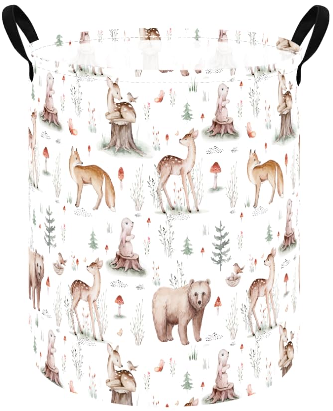 Image of MAIZMZ Woodland Animal Storage Bin, Waterproof Lining Laundry Basket with Leather Handles for Kids Room, Gifts