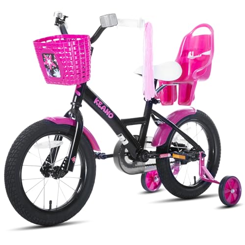 Image of KEANO Zinnia 14 16 20 Inch Kids Bike for Girls Ages 3-10 Years, Girls' Bikes with Training Wheels, Streamers, Basket and Doll Seat, Children Bicycles