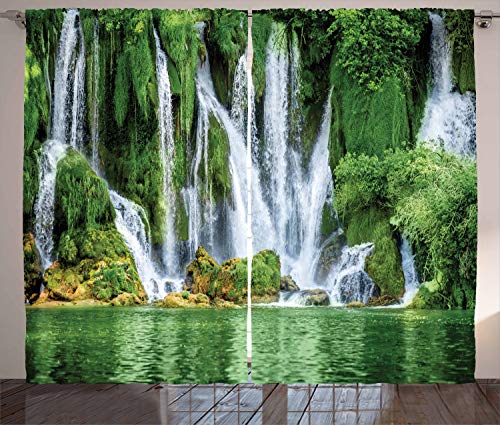 Ambesonne Waterfall Curtains, Jungle Moss Greenery Reflection on River Landmark in Bosnia and Herzegovina Nature Falls Picture, Living Room Bedroom Window Drapes 2 Panel Set, 108 X 90, White Green