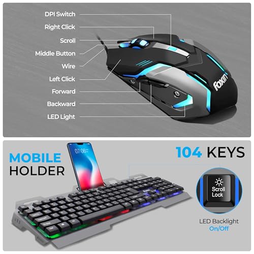 Image of FOXIN Thunder Gaming Keyboard and Mouse Combo | Rainbow Backlit Membrane Keyboard (104 Keys) with Phone Holder | 3600 DPI | 6 Button Mouse | Metal Body | Wired Gaming Combo for PC & Laptop