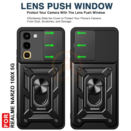 Image of Armor Bumper Back Cover Case for Realme Narzo 100X 5G Rotating Camera Cover, Ring Holder & Kickstand | Heavy Duty & 360 Degree Protection Back Cover for Realme Narzo 100X 5G (Black)