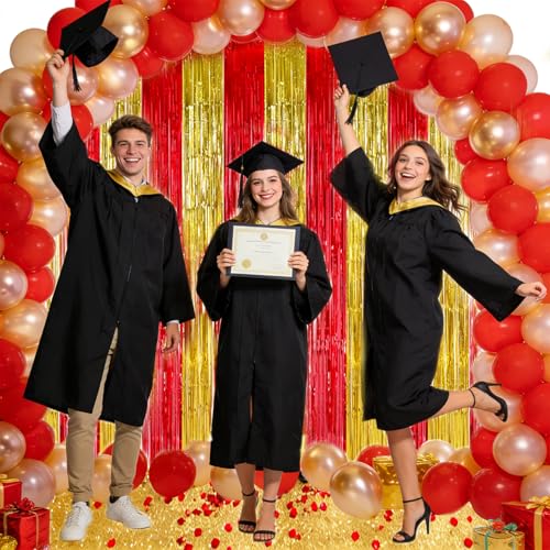 Image of TONIFUL Red and Gold Fringe Backdrop Curtain 2026 Nurse Graduation Party 2Pcs 3.3 x 6.6ft Metallic Tinsel Foil Fringe Photo Booth Backdrop Door Streamers for Prom Birthday Retirement Party Decorations