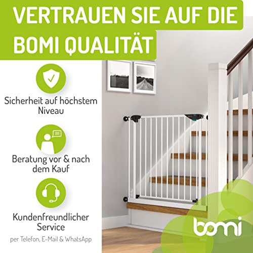 BOMI Schutzgitter Mira XXL Tür | Zum Klemmen | Schließt automatisch | Türschutzgitter schmal weiß Metall Selbstschließend | Treppenschutzgitter Türgitter Klemmgitter für Baby Welpe | Breite: 83-91 cm