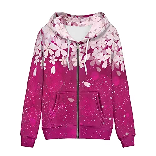 BYCHECAR Sudadera con capucha con cremallera para mujer, camisa de manga larga, chaquetas con capucha para otoño, abrigo con cremallera, Flores de cerezo rosa intenso, 5XL Cover