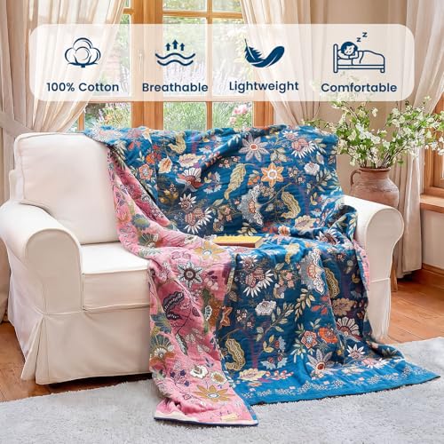 Image of MSGKV Boho Throw Blanket 60 inchx80 inch 100% Cotton Twin Floral Throw for Couch