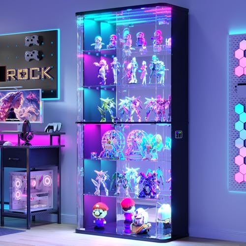 Display Cabinet with Glass Doors, 6-Tier Curio Cabinet with Lights, Modern Display Case for Collectibles with Human Body Sensor and Lockable Storage Bookcase (Black)
