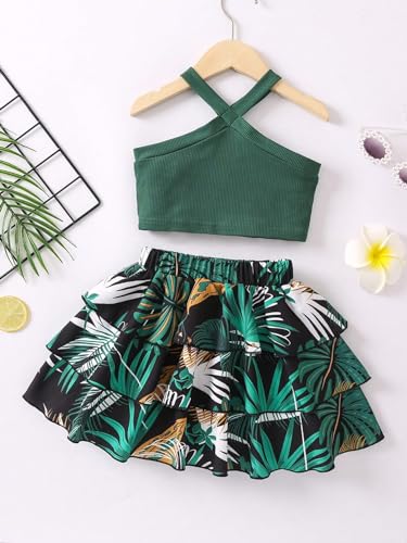 Image of Floerns Girl's 2 Piece Outfit Rib Knit Cami Top and Tiered Layered Skirt Set