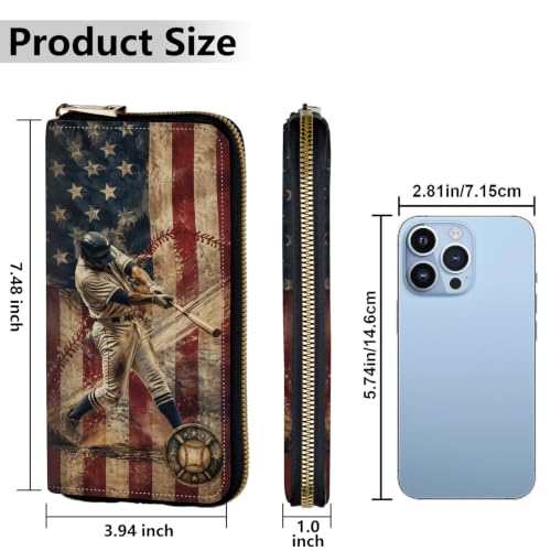 Image of Women's Wallets Credit Card Holder Money Leather Long Wallet | Long wallet with Wristlet,Large Capacity with Zip-Around Phone Purse for Women Ladies Girls,Baseball American Flag