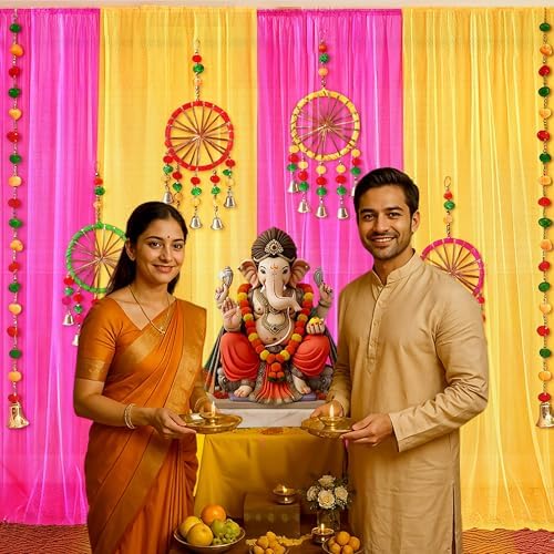 Pink and Yellow Backdrop Decoration Set - 17-Piece Handcrafted Diwali and Navratri Home Decor