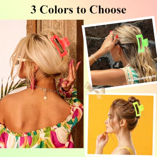 GAFATORY 3 PCS Neon Claw Clips for Women Bright Fluorescent Hairclips for Thick Thin Hair Non Slip Large Hair Claw Clips With Teeth Summer Neon Accessories for Festival Beach Party Daily Hairstyle - Image 5