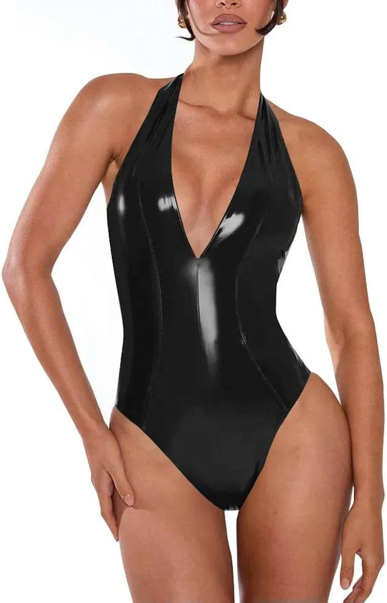 Backless Halter Women Bodycon Bodysuits PVC Leather Deep V-Neck Skinny Catsuits Pole Dance Wear
