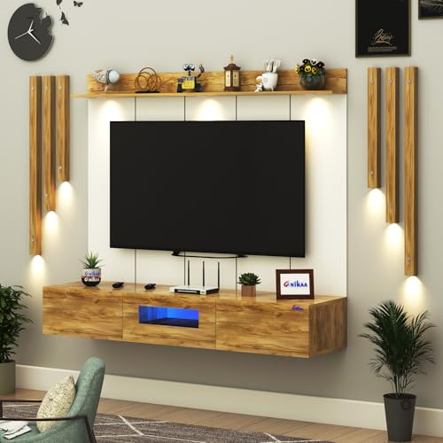 Image of Anikaa LucenPro Engineered Wood Wall Mount TV Unit with PVC Back Panel, Acrylic Blue LED Storage Box, Side Wooden Accent Spot Light Panels I Deal for Up to 50 Inch TV (Giantwood - DIY Installation)