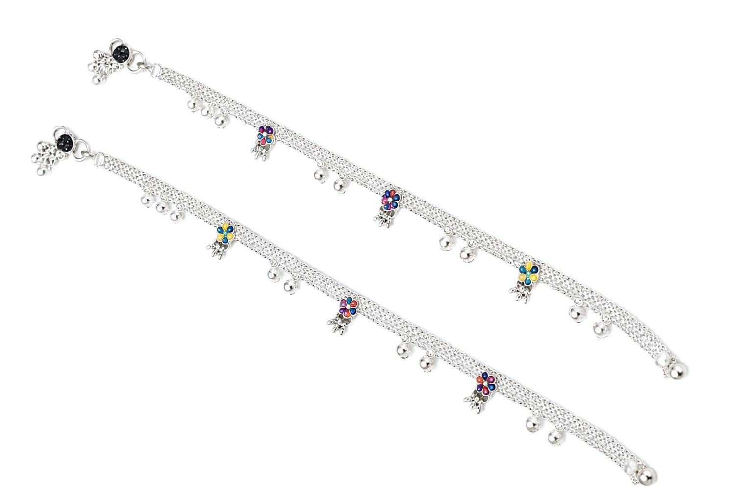 Gota Chandi Payal Silver-Look Multicolor Floral Anklet Pair-image-7