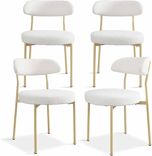 White Boucle - Juego de 4 sillas de comedor, modernas sillas de comedor tapizadas ovaladas con respaldo curvado y patas de metal para comedor,