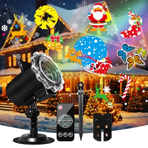 Segotendy Halloween Projector Lights Outdoor, Waterproof Christmas Lights with 64 HD Cartoons, Snowflake Projector with Remote Control Timer for Muti Holiday Party Halloween Decorations
