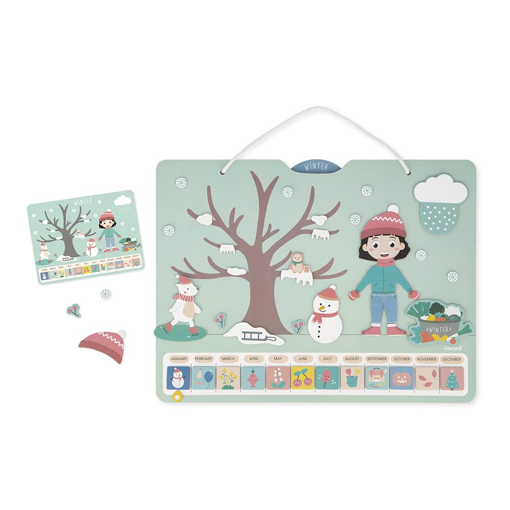 Janod - Calendario delle Stagioni - Calendario Educativo in Legno per Bambini 42 x 32 cm - Magnetico - 125 Magneti - Tempo e Stagioni - Versione Inglese - Dai 3 Anni, J5464