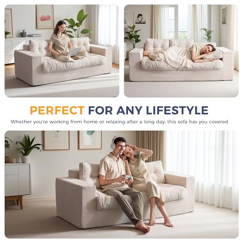 Image of MAXYOYO Loveseat Sofa Couch, Upholstered Bean Bag Chair Cloud Seat for Adults, Boneless Couch with Cushion & Pillows, Sofa in A Box, No Assembly Required, Corded Beige, 3-Seat