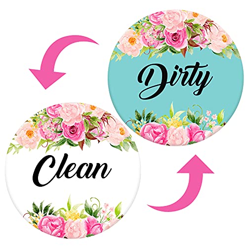 Dishwasher Magnet,Clean Dirty Sign Indicator- Double Sided Magnet with Magnetic Plate, Kitchen Dish Washer Refrigerator Reversible Indicator Pink Peony