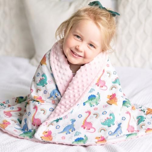 Image of Soft Plush Baby Blankets for Girls with Print Dinosaur Pattern and Soothing Raised Dots, Double Layer Bed Throws for Baby Infant Toddler Nursery Crib,30x40 Inches (Pink)