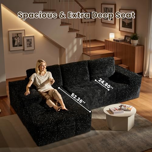 Image of 114 inch Glitter Cloud Sectional Couch with L-Shape Chaise, Modern Boneless Couches for Living Room, Fluffy Tufted Deep Seat Modular Sofa in a Box No Assembly