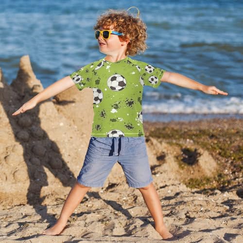 Boys Short Sleeve T-Shirts Green Soccer Ball Rashguard Kids Swim Shirts Sun UPF 50+4