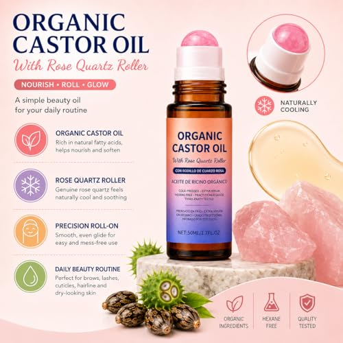 Image of Organic Castor Oil with Real Rose Quartz Roller Ball