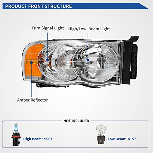 Image of OEDRO Headlight Assembly Replacement for 2002-2005 Dodge Ram 1500 /03-05 Dodge Ram 2500 3500 Headlamp with Amber Reflector Clear Lens Chrome Housing