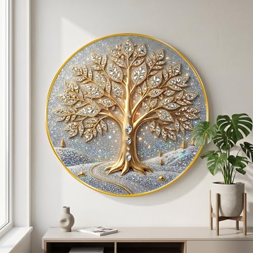 Image of SAF Tree of Life Wall Painting with Golden PVC Frame Round Luxury Wall Art Modern Decorative Design for Living Room Bedroom Office Home Decor Elegant Gift Item (20 x 20 Inch) GRL-358