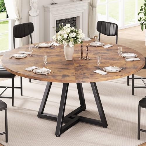 Jocoevol 51“ Round Kitchen Dining Room Table for 6-8, Circle Dining Dinner Table with Pedestal Metal Frame, Space Saving Wood Industrial Furniture for Small Space (Rustic Brown, 51In)