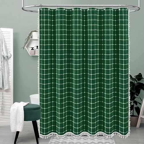 Image of BTTN Extra Long Shower Curtain - 72x96 Inch Long Boho Linen Fabric Heavy Duty Shower Curtain Set with Hooks, Tall Bohemian Farmhouse Shabby Chic Tassel Shower Curtains for Bathroom - Emerald Green