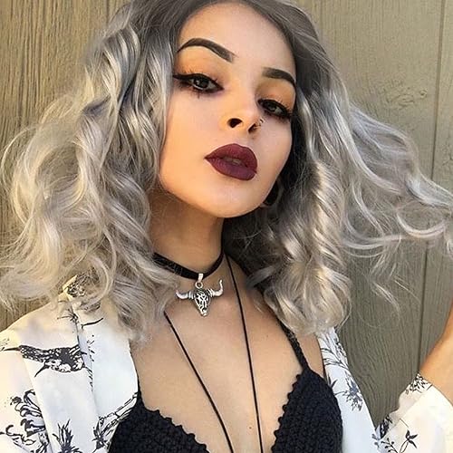 Rose bud Wavy Bob Wig Natural Wig Ombre Grey Synthetic