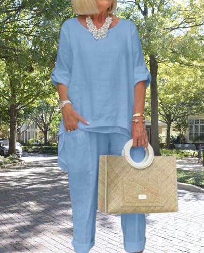 Stylish Blue Linen Pants Suit for Women - BIVENANT 2 Piece Dressy Cotton Set in 3X-Large - Image 4