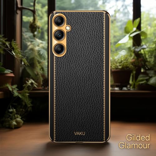 Image of Vaku Luxos Luxemberg Back Cover Case for Samsung Galaxy A14 5G with Leather Pattern Design Gold Electroplated Soft TPU Cover| Shockproof Protective Case - Black