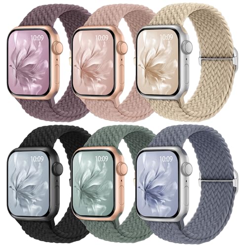 Image of 6 Pack Braided Stretchy Bands Compatible with Apple Watch Band 38mm 40mm 41mm 42mm 44mm 45mm 46mm 49mm Women Men, Adjustable Nylon Solo Loop Elastic Straps for iWatch Series 11 10 9 8 7 6 5 4 SE Ultra