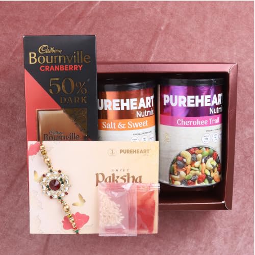 Image of PUREHEART Rakhi Gift Hamper Cherokee Trail Mix, Sweet & Salt Nutmix (454g, each), Dark Chocolate with Rakhi for Brother, Gift Card, Pooja Rice, Kumkum