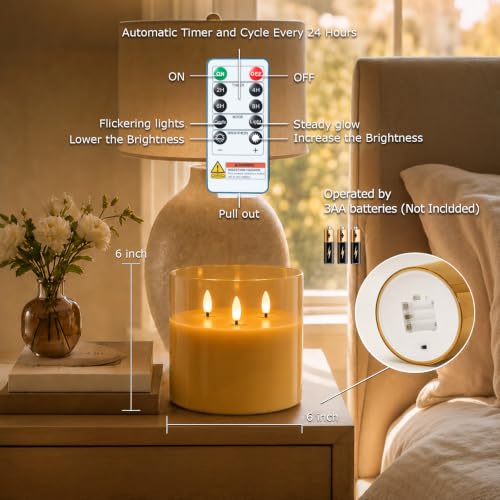 Image of Homemory 6x6 Inch Extra Large Flameless Candle with 3 Wicks, Amber Glass LED Pillar Candle, Real Wax Battery Operated Candle with Remote Control and Timer for Home and Holiday Decor